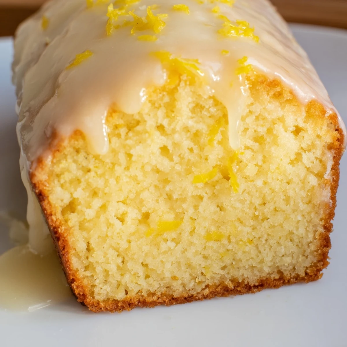 A slice of moist lemon bread loaf with a glistening zesty glaze, served on a rustic white plate.