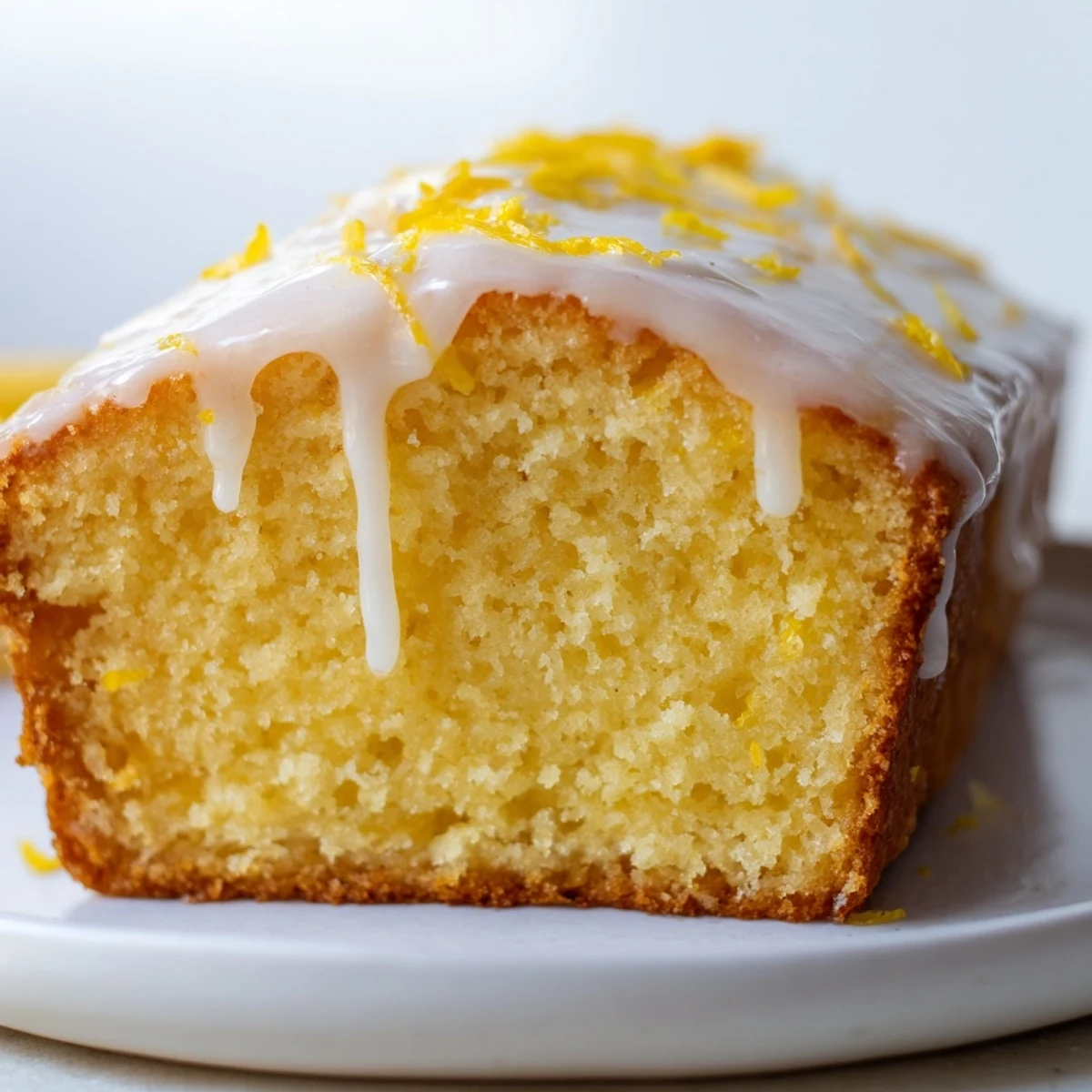 Close-up of a glazed lemon loaf slice revealing soft, moist texture and vibrant yellow lemon zest specks.