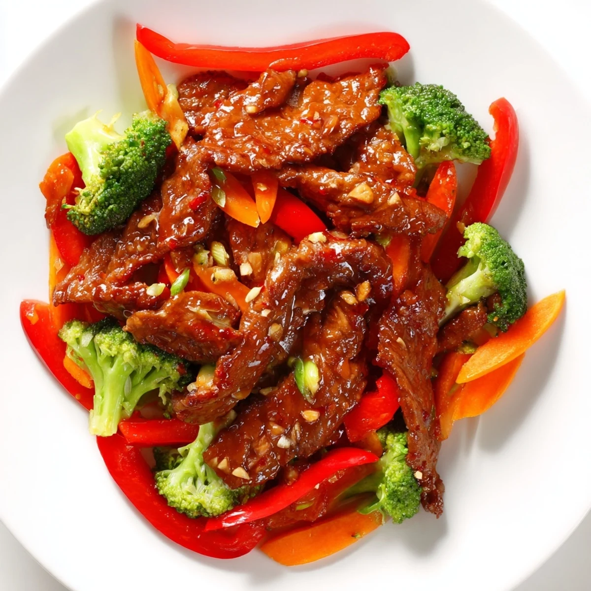 A close-up of spicy stir fry beef with colorful peppers and snap peas steaming on a plate.