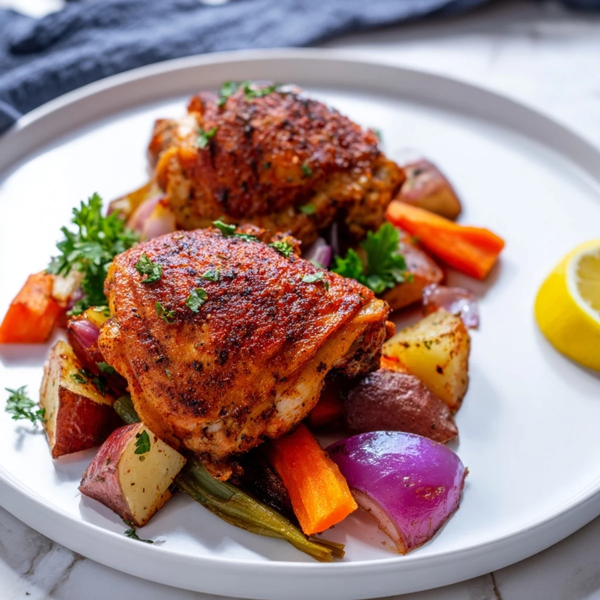 Roasted chicken thighs with crispy skin and caramelized red potatoes and carrots on a baking sheet.