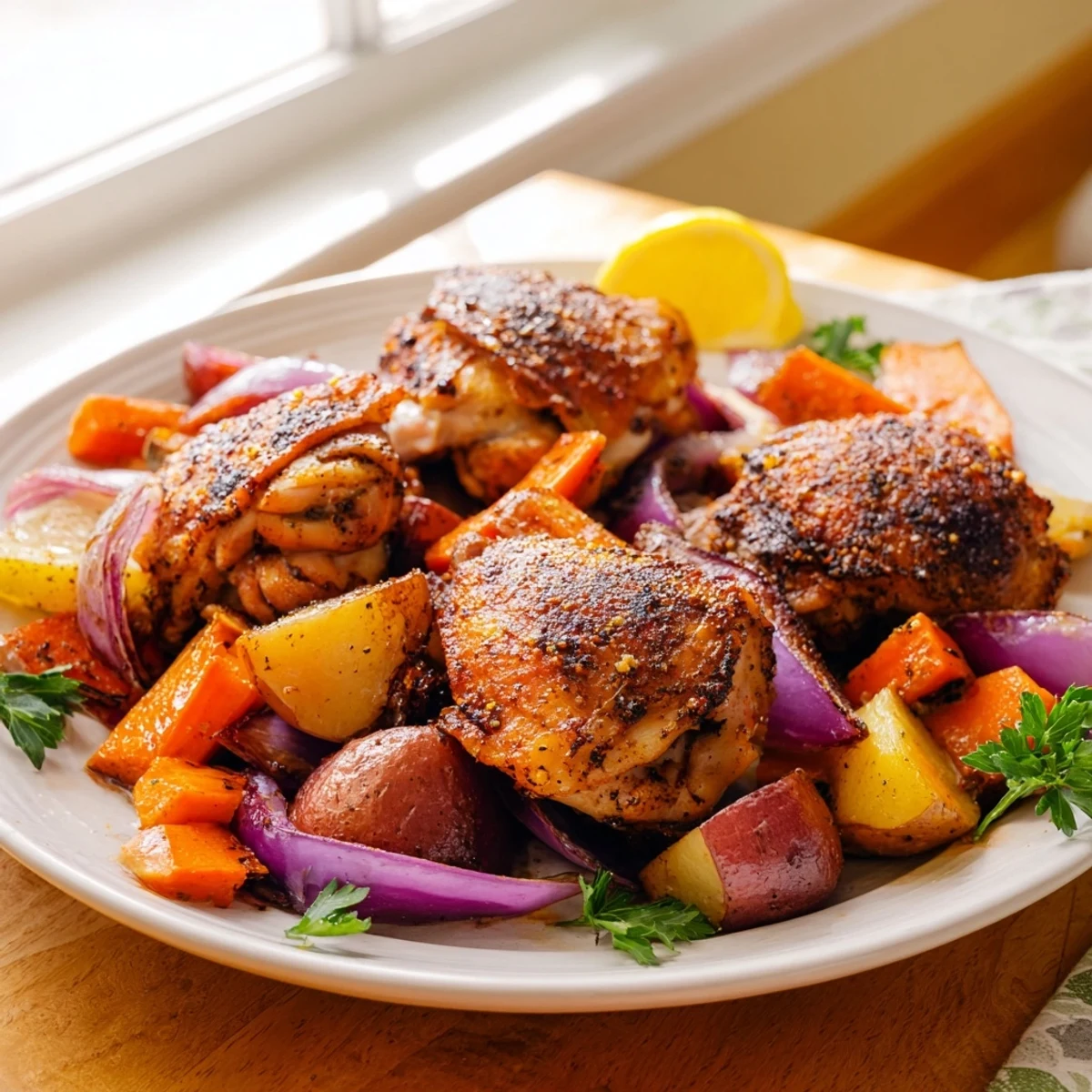 Golden-baked Chicken Dinner with Roasted Vegetables garnished with fresh parsley and lemon wedges on a rustic table.