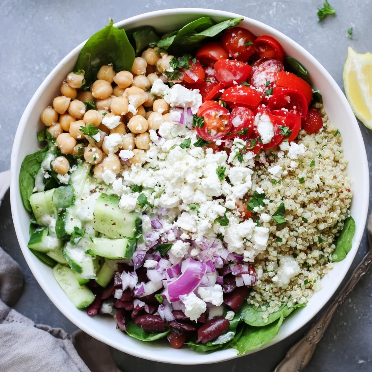 A vibrant Mediterranean Dinner Grain Bowl with quinoa, fresh veggies, and creamy lemon-tahini dressing.