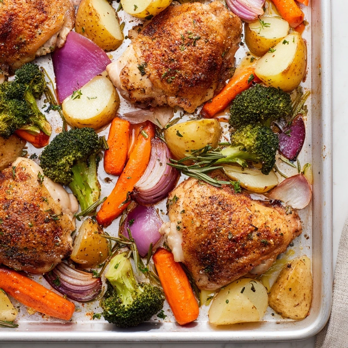 Golden roasted chicken thighs with crispy skin nestle among tender vegetables on a one-pan dinner, garnished with fresh thyme and rosemary.
