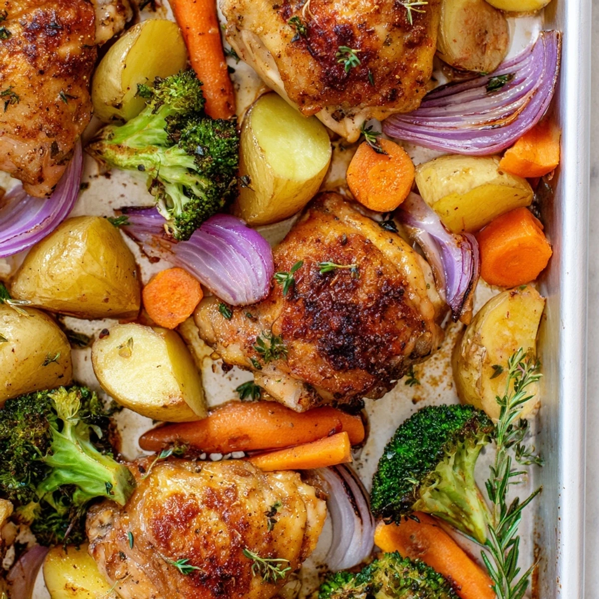 A close-up of roasted dinner pan chicken shows juicy meat, caramelized potatoes, carrots, and broccoli, with a lemon wedge ready for serving.