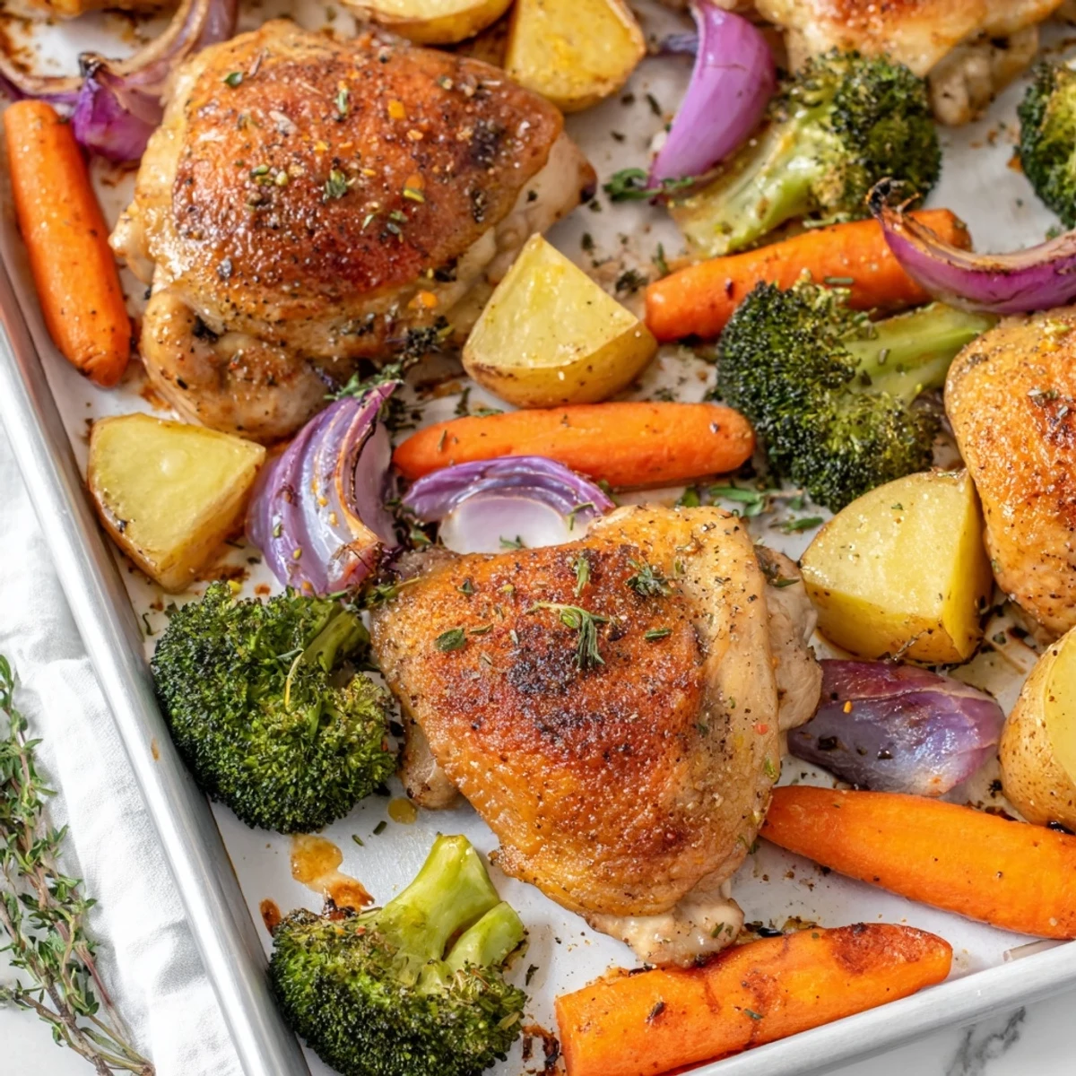 Family-style roasted dinner pan chicken emerges from the oven with sizzling herbs and vegetables, offering a comforting, gluten-free main dish for weeknights.