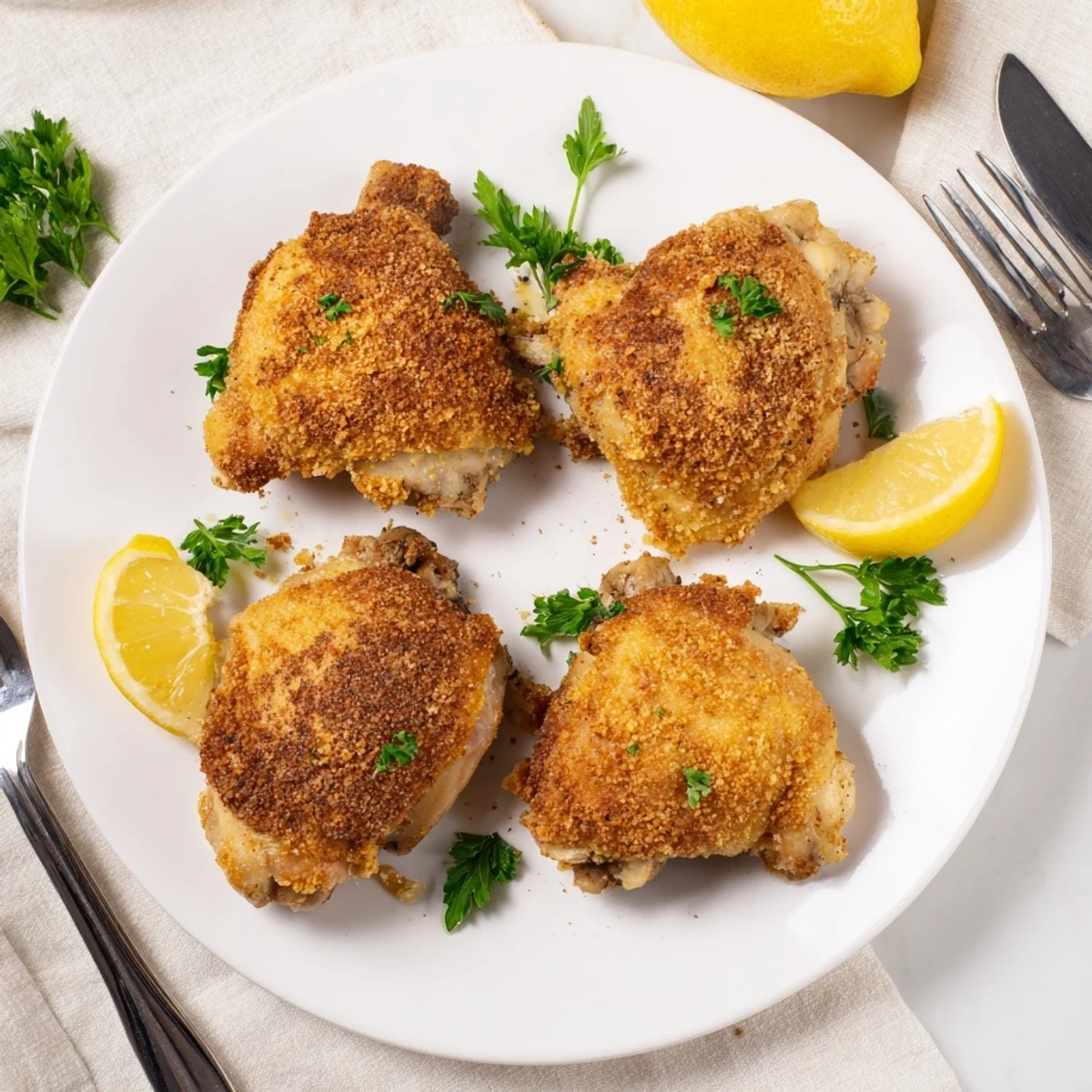 A golden-brown Crispy Dinner Chicken Fried on a plate, garnished with fresh parsley and lemon wedges.  