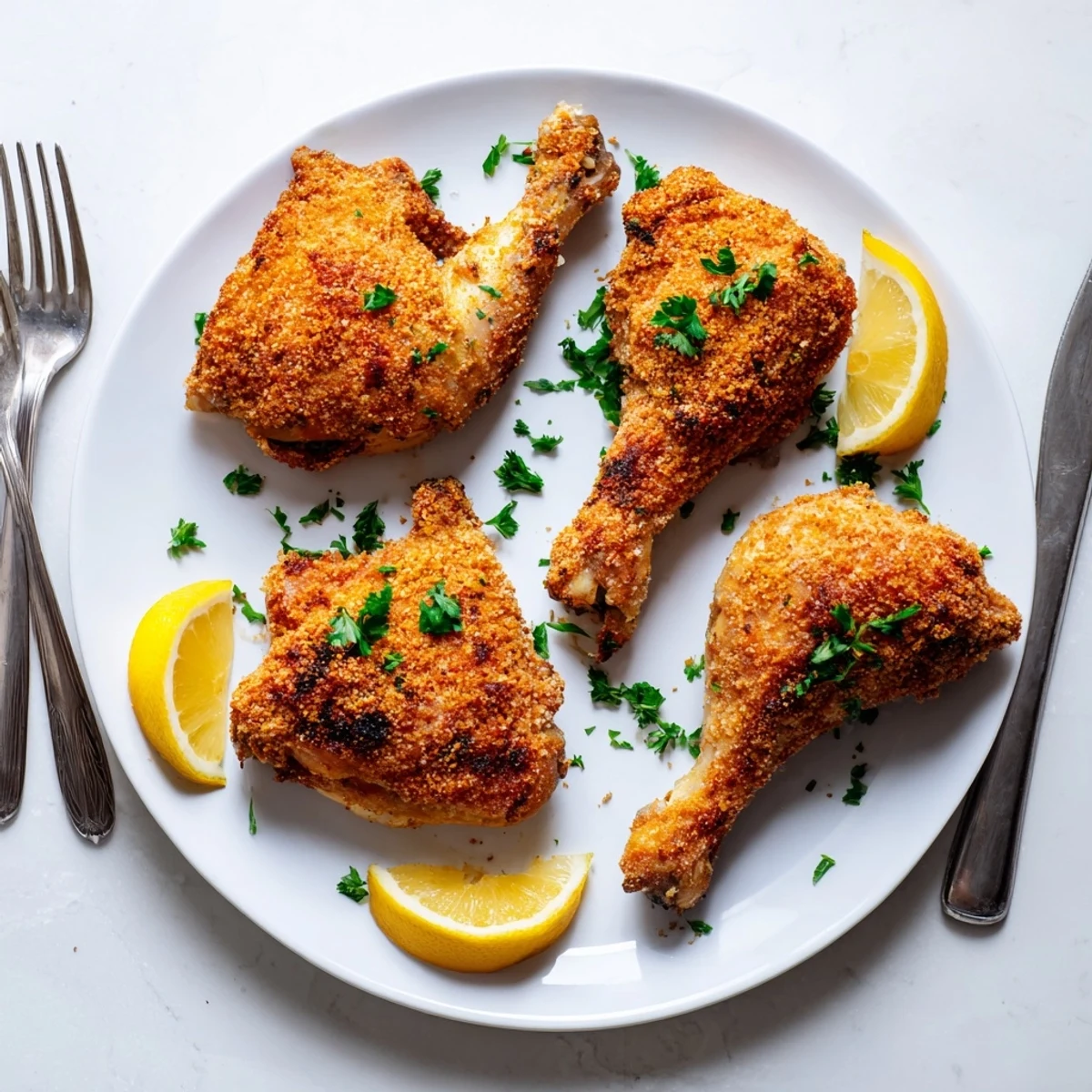 Family-style platter of golden Crispy Dinner Chicken Fried served with coleslaw and biscuits.