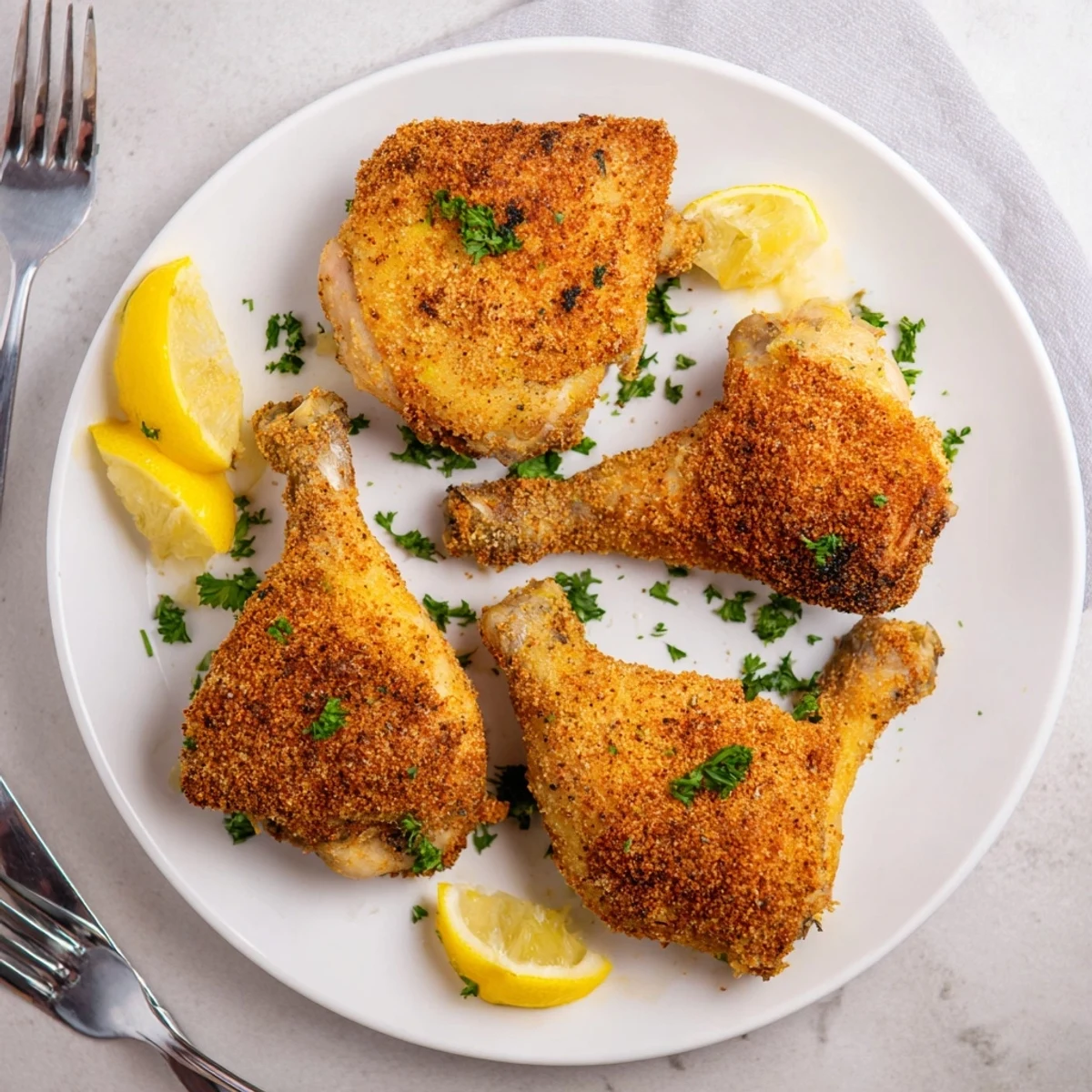 Close-up of juicy, bone-in Crispy Dinner Chicken Fried with a crunchy, seasoned coating.  