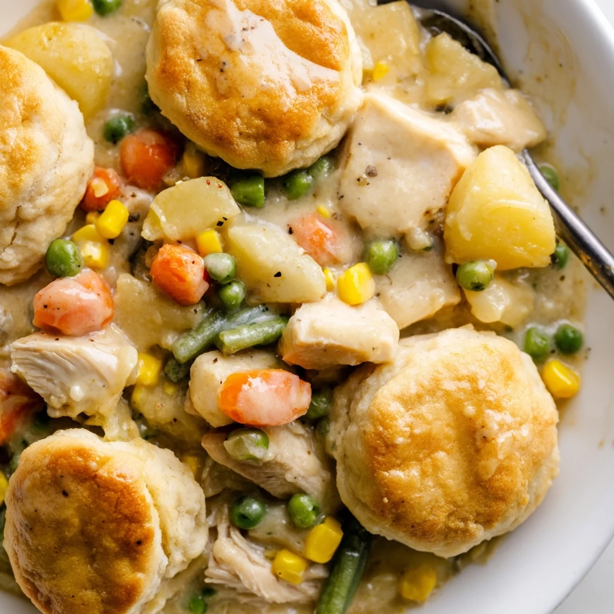 Fluffy biscuits crown a bubbling Slow Cooker Dinner Pot Pie filled with tender chicken and colorful mixed vegetables.  