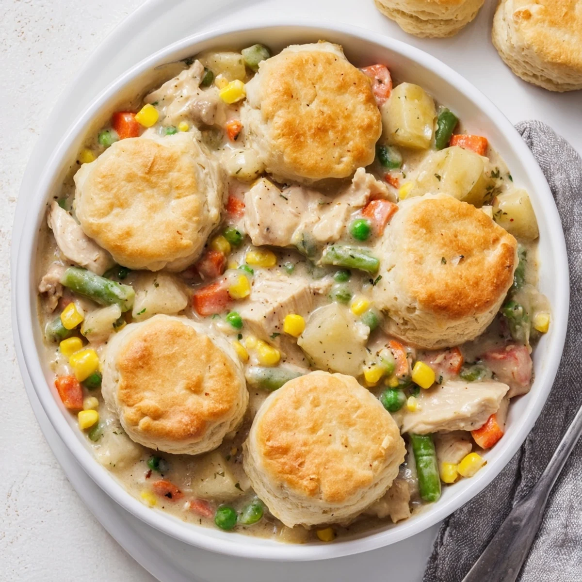 Slow Cooker Dinner Pot Pie features golden, steaming biscuits atop creamy chicken and vegetable filling.  