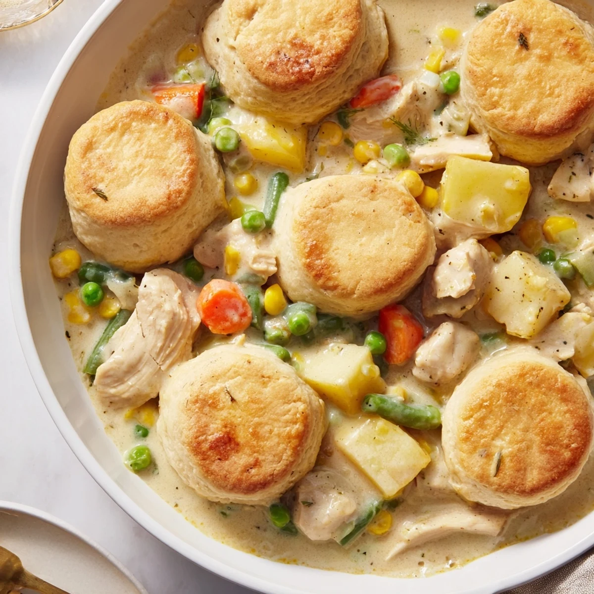 A close-up of Slow Cooker Dinner Pot Pie shows savory sauce and slow-cooked chicken inside fluffy biscuits.