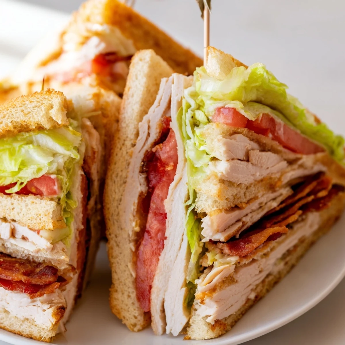 Golden-toasted white bread layered with roasted turkey, crispy bacon, juicy tomato slices, and creamy mayonnaise, ready to serve.  