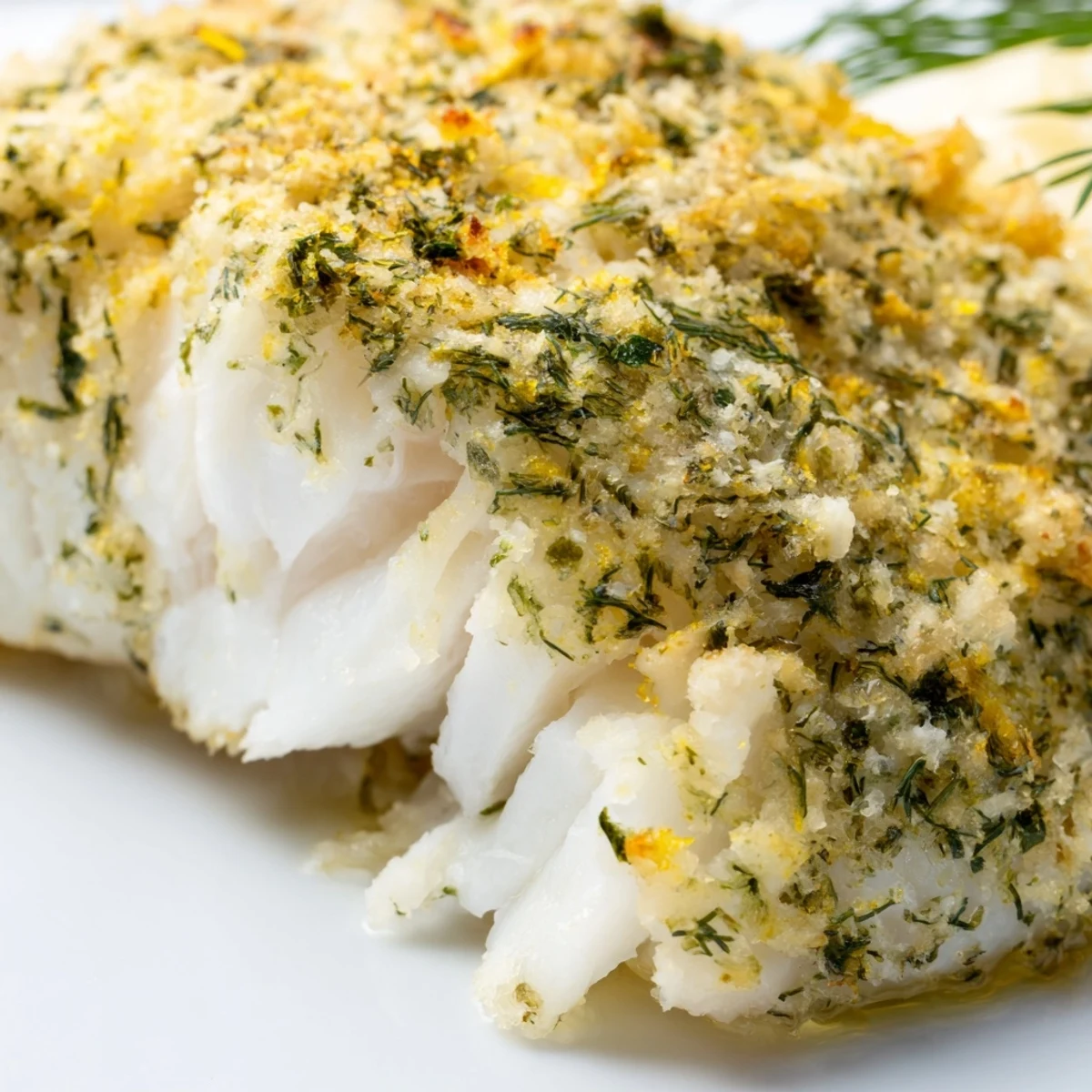 Golden-brown Baked Cod Dinner Fillets with a lemon-herb crust sit beside roasted carrots and bell peppers on a rustic plate.