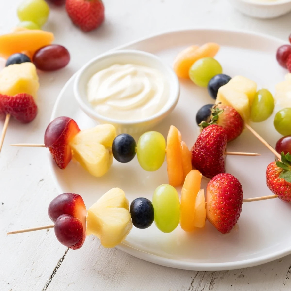 Freshly made Sweetheart Fruit Kabobs with Yogurt are stacked on wooden skewers, featuring melon hearts and a sweet honey-drizzled dip.