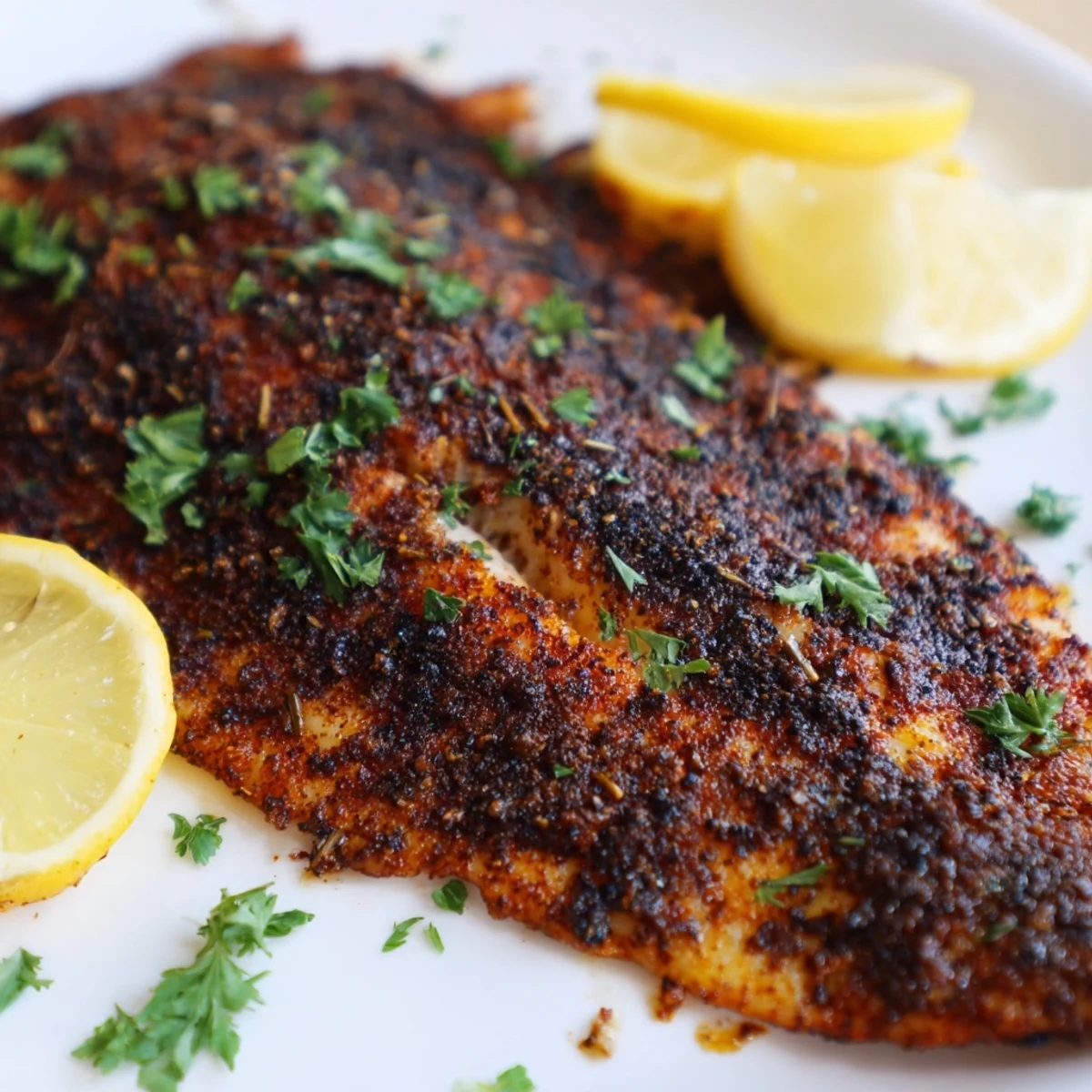 Golden-brown Cajun Blackened Catfish fillets seared to crispy perfection in a cast-iron skillet, garnished with fresh parsley and lemon wedges.  