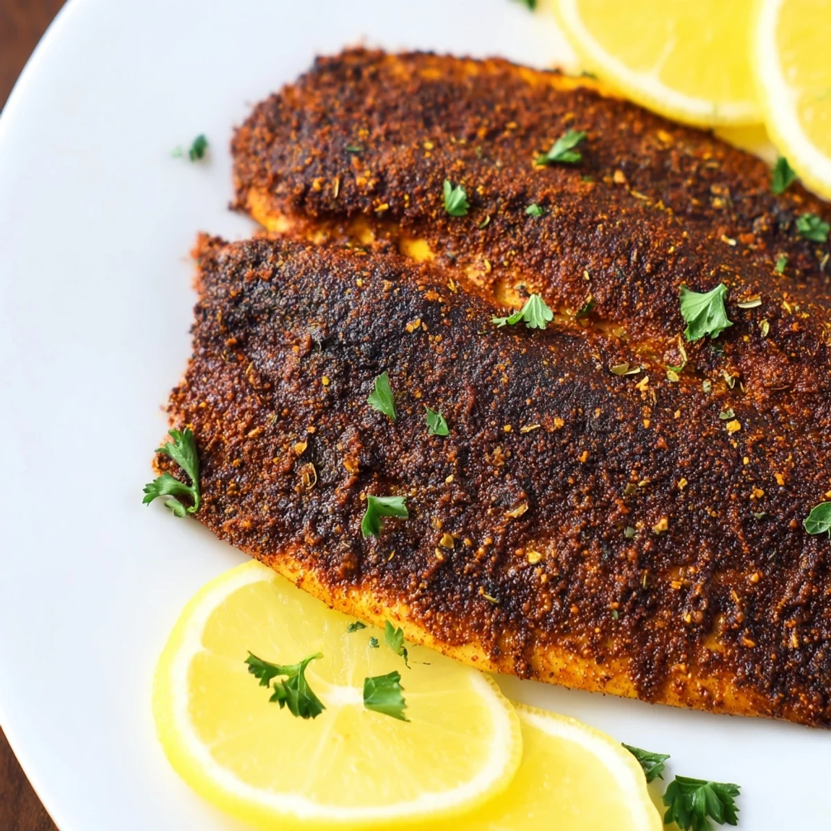 A close-up of Cajun Blackened Catfish with a smoky, spice-crusted exterior and flaky white interior, served on a rustic plate.  