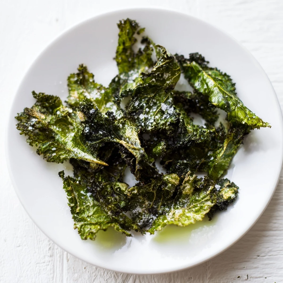 Close-up of crispy green kale chips with sea salt on a parchment-lined baking sheet, ready to serve as a healthy snack.