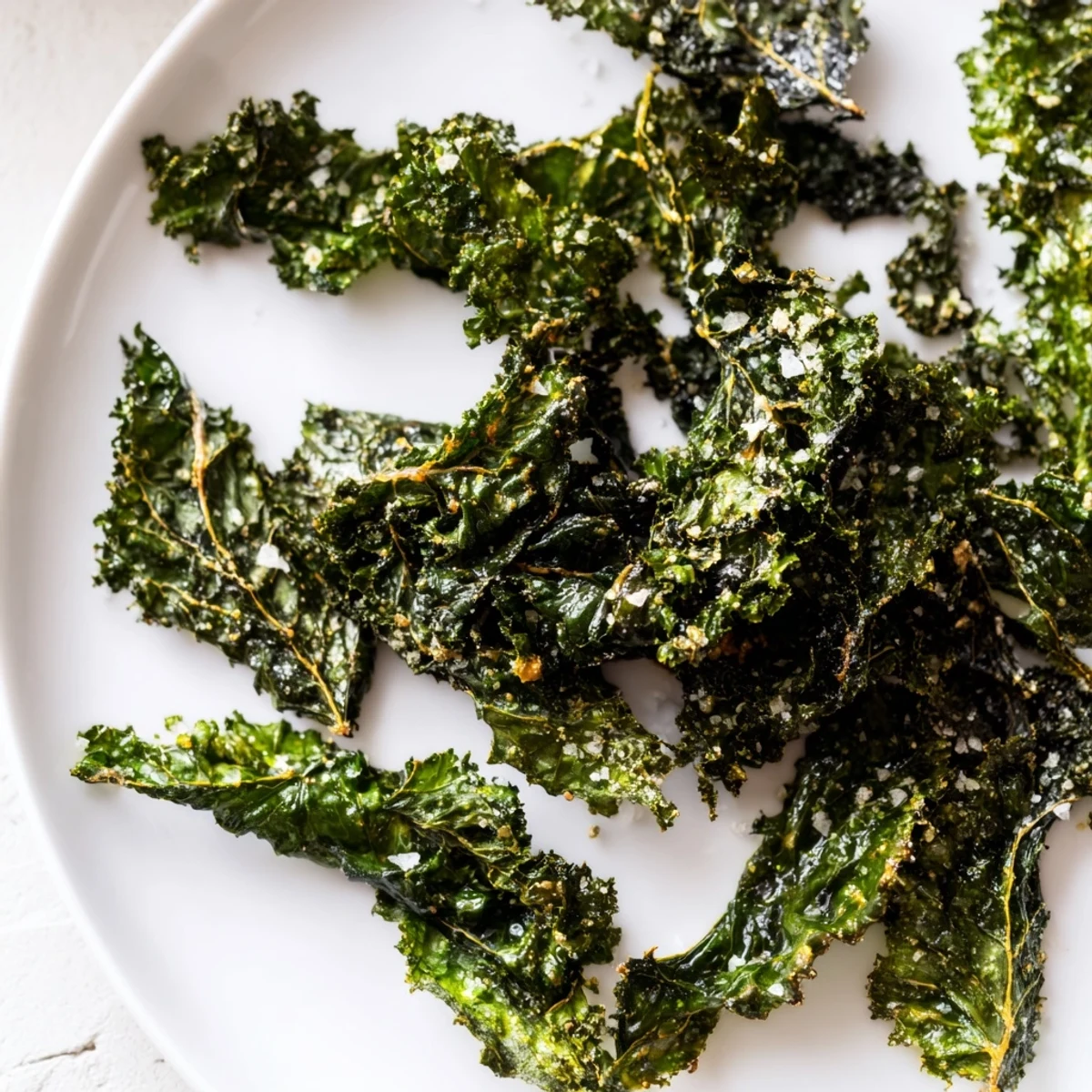 Golden, crunchy kale chips with sea salt arranged on a plate, a perfect vegan and gluten-free snack for dipping or enjoying alone.