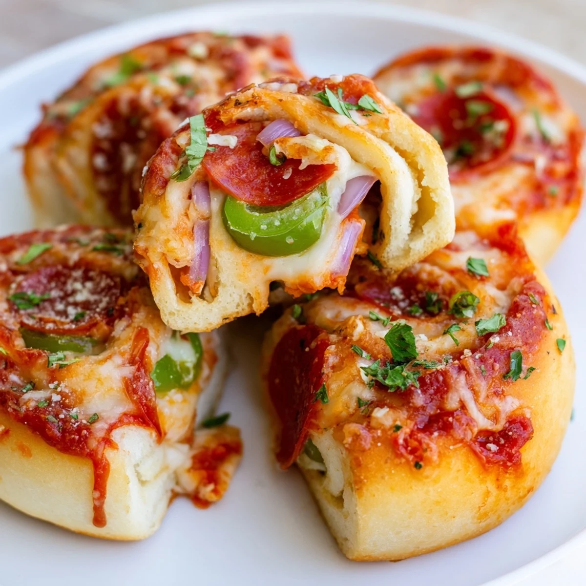 Freshly baked Super Bowl Pizza Rolls stuffed with veggies, cheese, and sauce, brushed with garlic butter and herbs.
