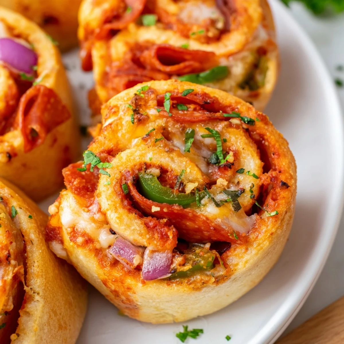 Platter of bite-sized Super Bowl Pizza Rolls, golden and bubbling, perfect for a party appetizer spread.