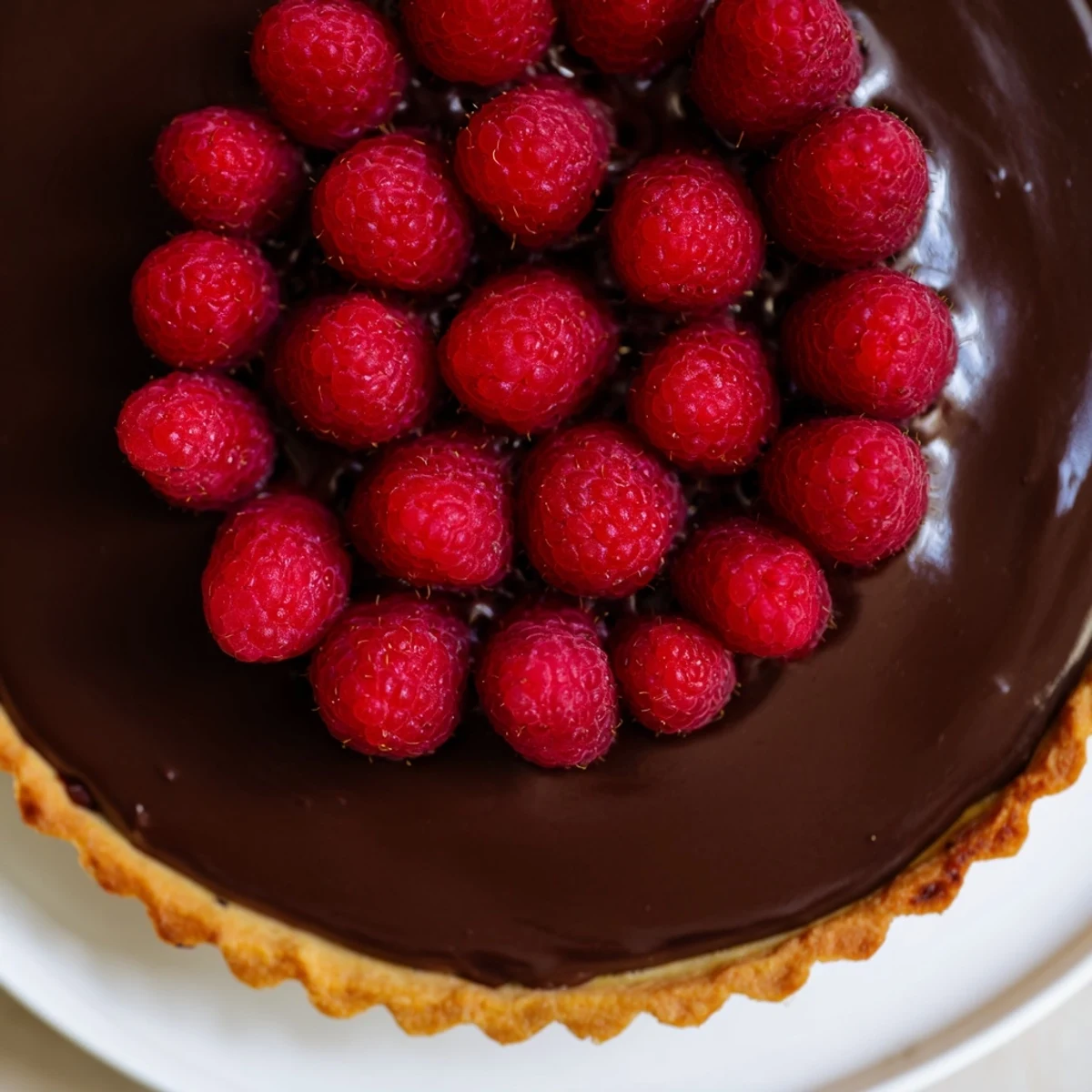 Freshly baked Chocolate Raspberry Tart with a rich, glossy ganache filling in a crisp pastry crust, topped with vibrant raspberries.