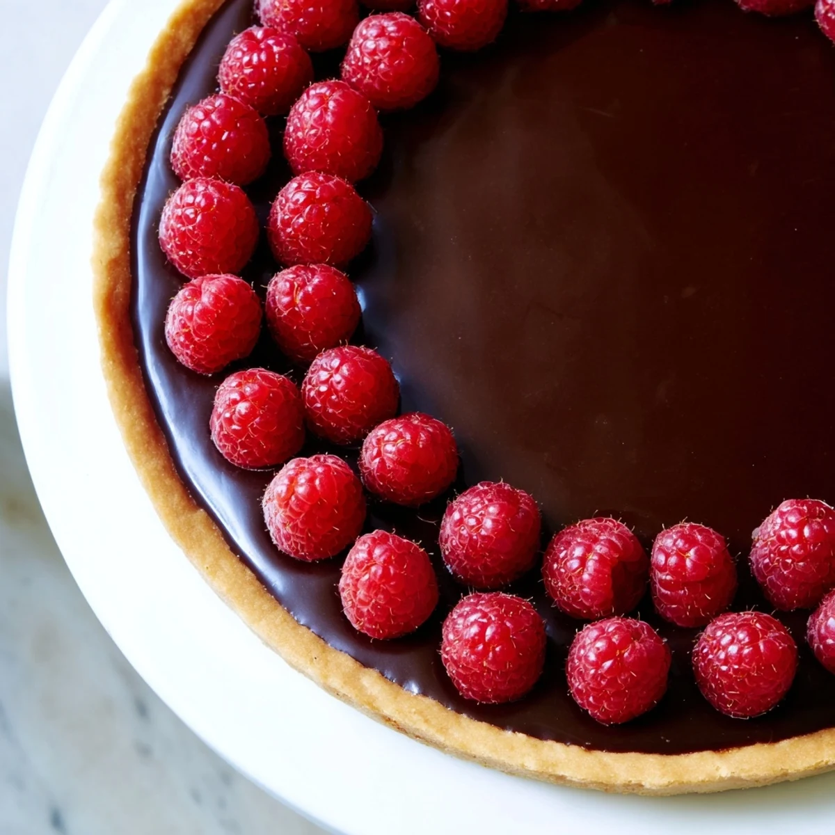 Decadent slice of Chocolate Raspberry Tart showing smooth chocolate and fresh raspberries, ideal for a sophisticated dessert or dinner party.