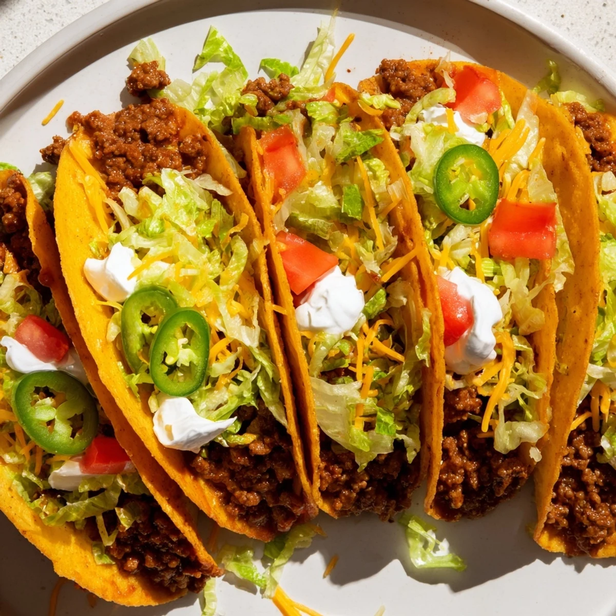 Golden MVP Beef Tacos with Cheese topped with sour cream and jalapeños served with lime wedges on a platter.