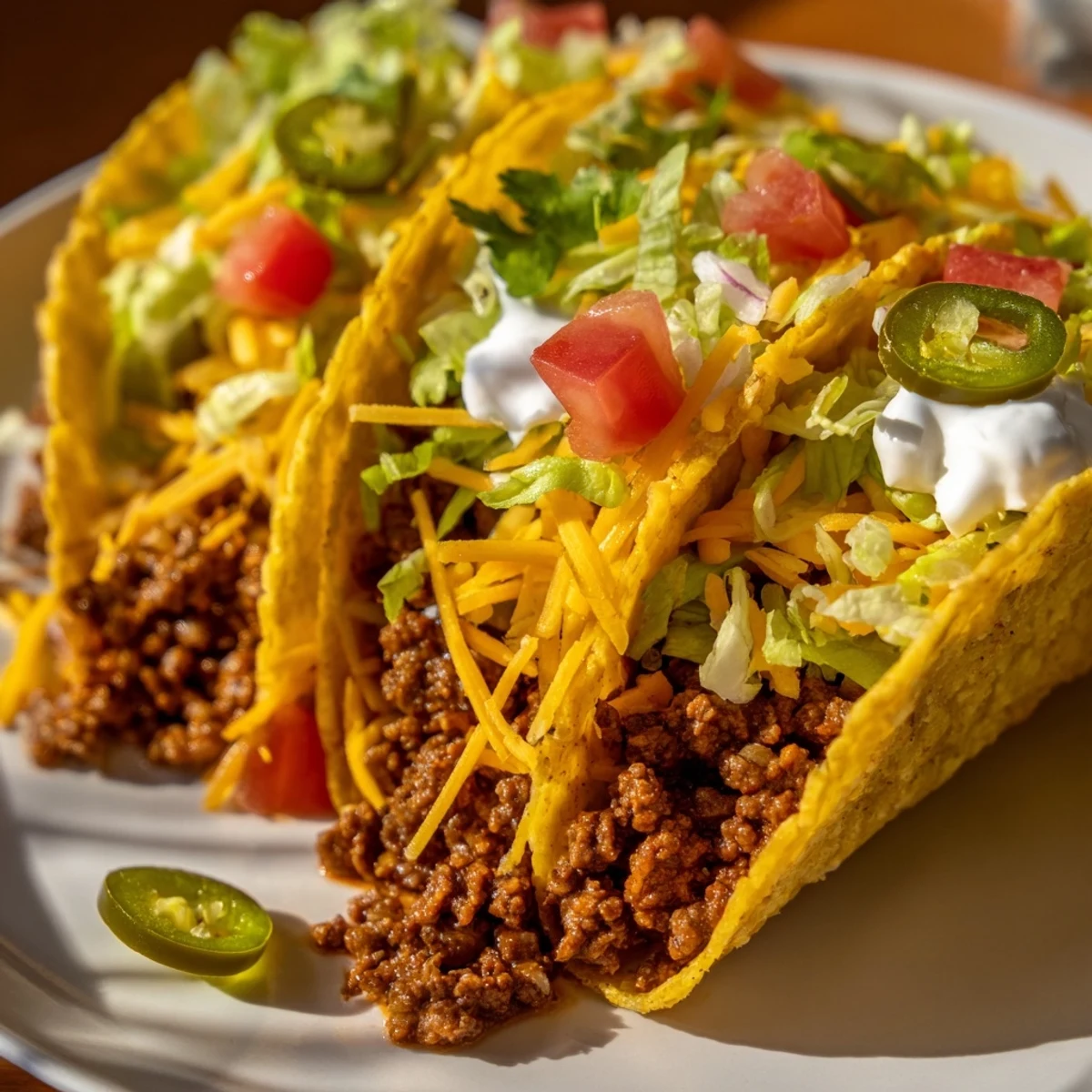 A close-up of MVP Beef Tacos with Cheese featuring savory ground beef, melted cheese, diced tomatoes, and fresh cilantro.