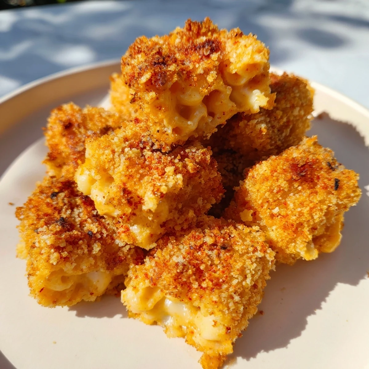 Crispy panko-coated Game Day Fried Mac and Cheese squares served hot with a side of ranch dipping sauce.