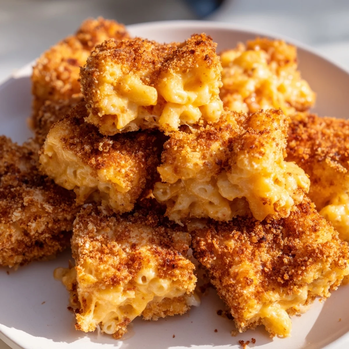 A platter of homemade Game Day Fried Mac and Cheese appetizers, featuring creamy cheddar centers and a crunchy exterior.