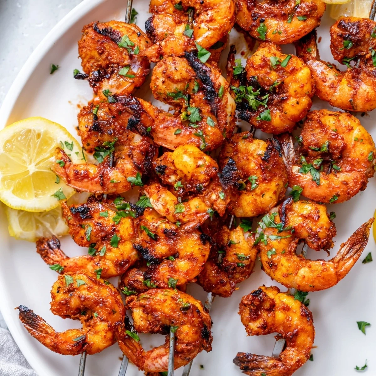 Golden grilled Creole Spiced Shrimp Skewers served with bright lemon wedges for a zesty finish.