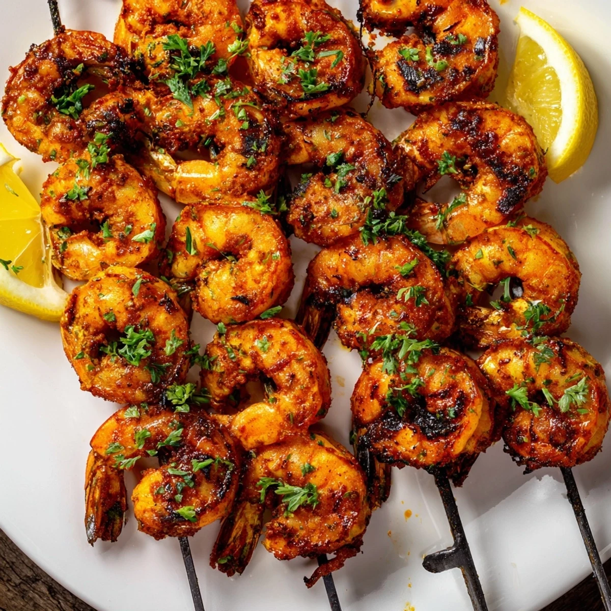 Creole Spiced Shrimp Skewers sizzling on a grill with light char marks and fresh parsley garnish.