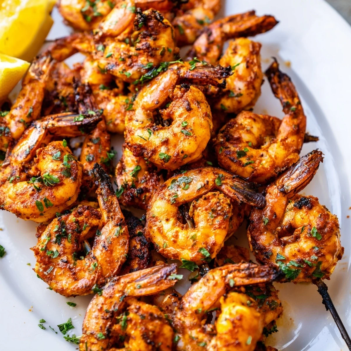 Platter of vibrant Creole Spiced Shrimp Skewers ready for summer gatherings or a spicy appetizer.