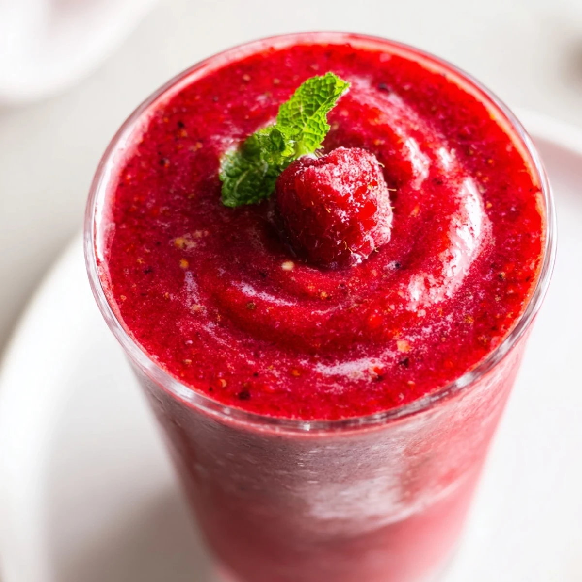 Two glasses of bright red Valentine Red Berry Smoothie, topped with fresh strawberries, raspberries, and a mint sprig.