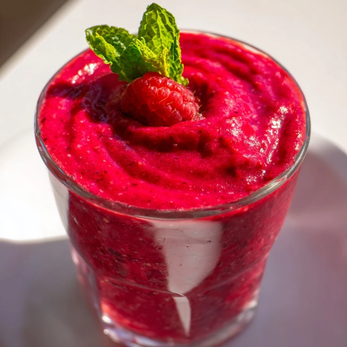 A frosty blender pitcher of Valentine Red Berry Smoothie poured beside fresh berries and honey drizzle.