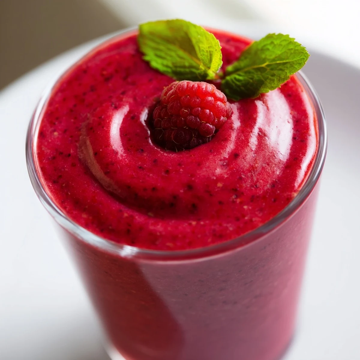 Close-up of a creamy Valentine Red Berry Smoothie in a glass, with a colorful swirl of berries.