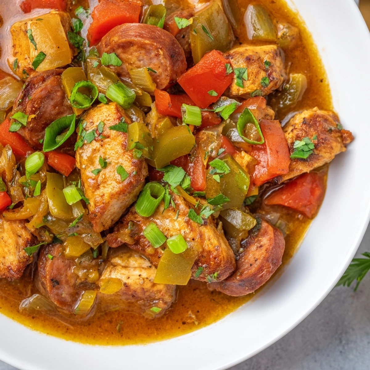 Spoonful of Mardi Gras Chicken and Sausage Stew ladled over fluffy white rice, garnished with fresh parsley and green onions.