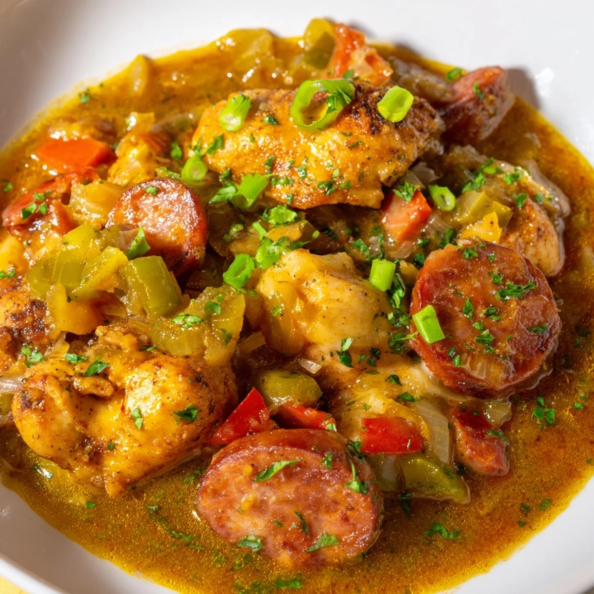 Steaming bowl of Mardi Gras Chicken and Sausage Stew with sliced Andouille sausage and colorful bell peppers in rich broth.