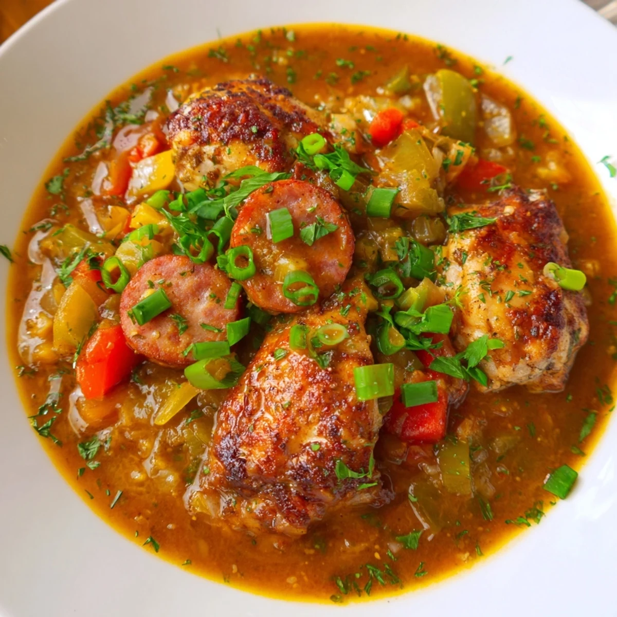Warm Mardi Gras Chicken and Sausage Stew served in rustic bowls, ready for a festive Louisiana-style family dinner.