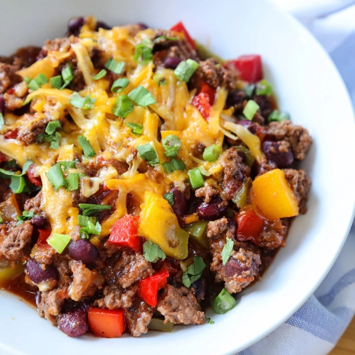 A steaming bowl of Championship Spicy Beef Chili with Cheddar, topped with melting sharp cheddar and fresh cilantro.