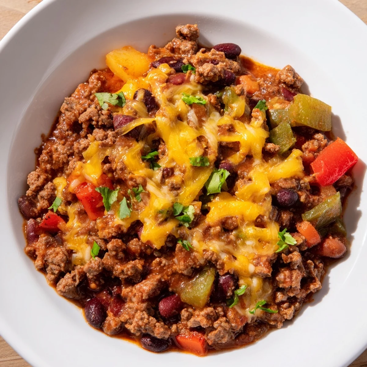 Close-up view of Championship Spicy Beef Chili with Cheddar ladled over a baked potato with sour cream swirl.