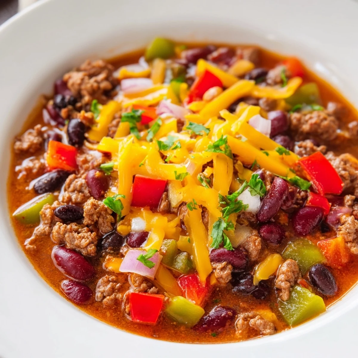 Hearty Championship Spicy Beef Chili with Cheddar served alongside warm cornbread slices on a rustic wooden table.