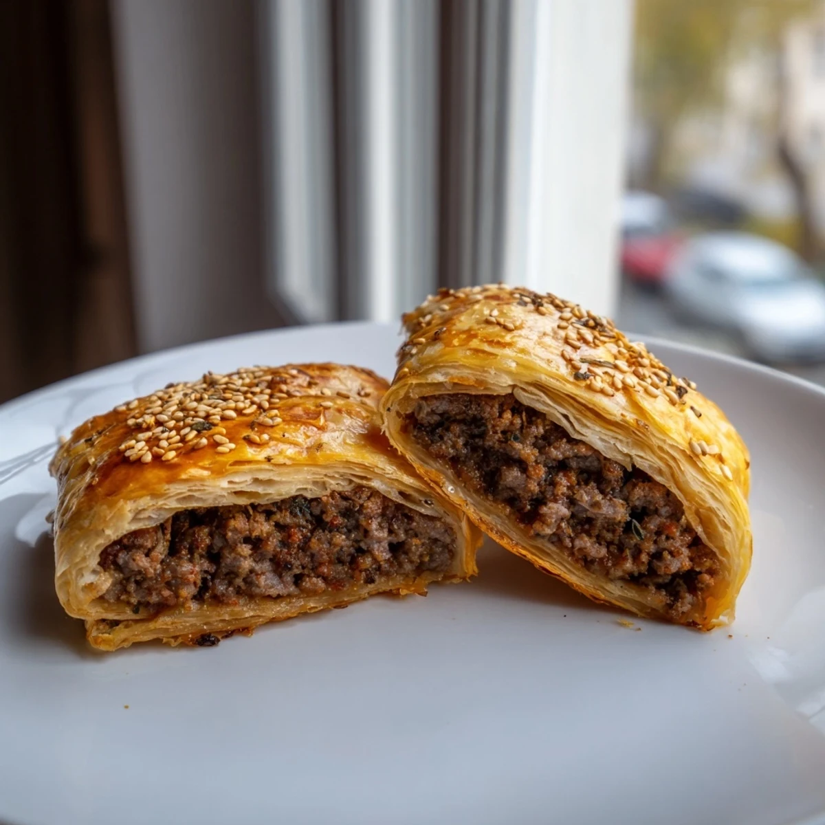 Close-up of Game Day Sausage Rolls, baked until crisp and golden, ready for a game day snack platter.