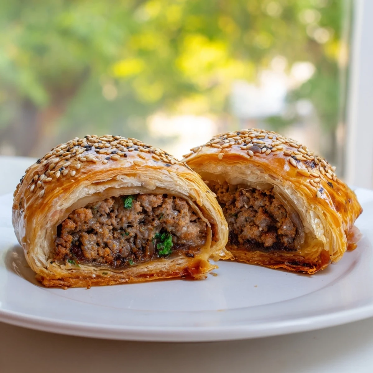 Golden Game Day Sausage Rolls, flaky puff pastry filled with juicy beef sausage and herbs, served warm with mustard.