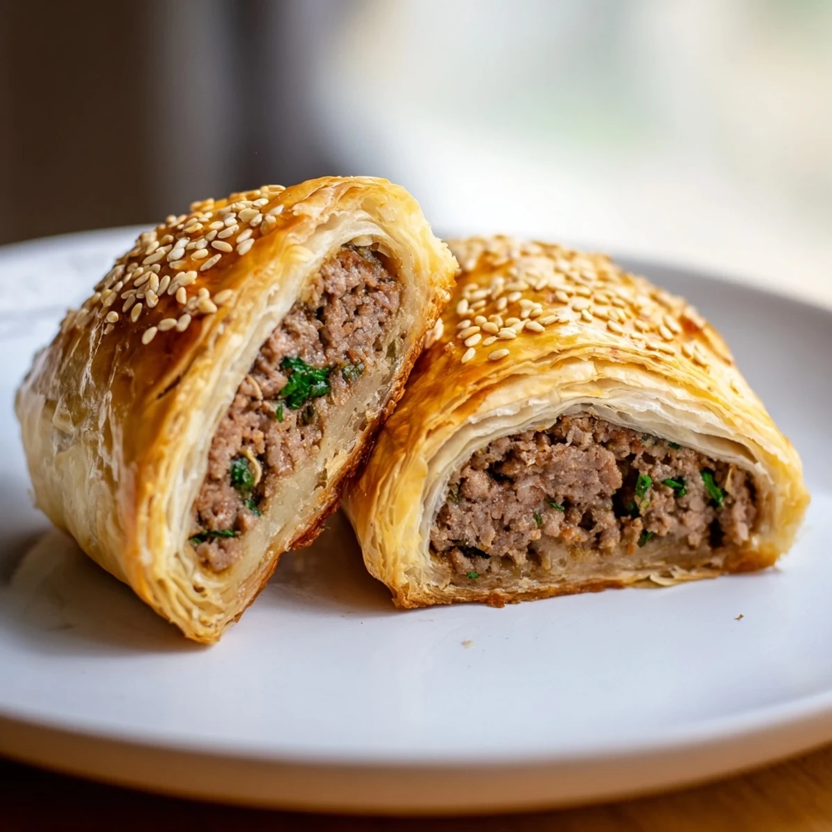 Freshly baked Game Day Sausage Rolls with beef sausage filling, garnished with sesame seeds and perfect for dipping.