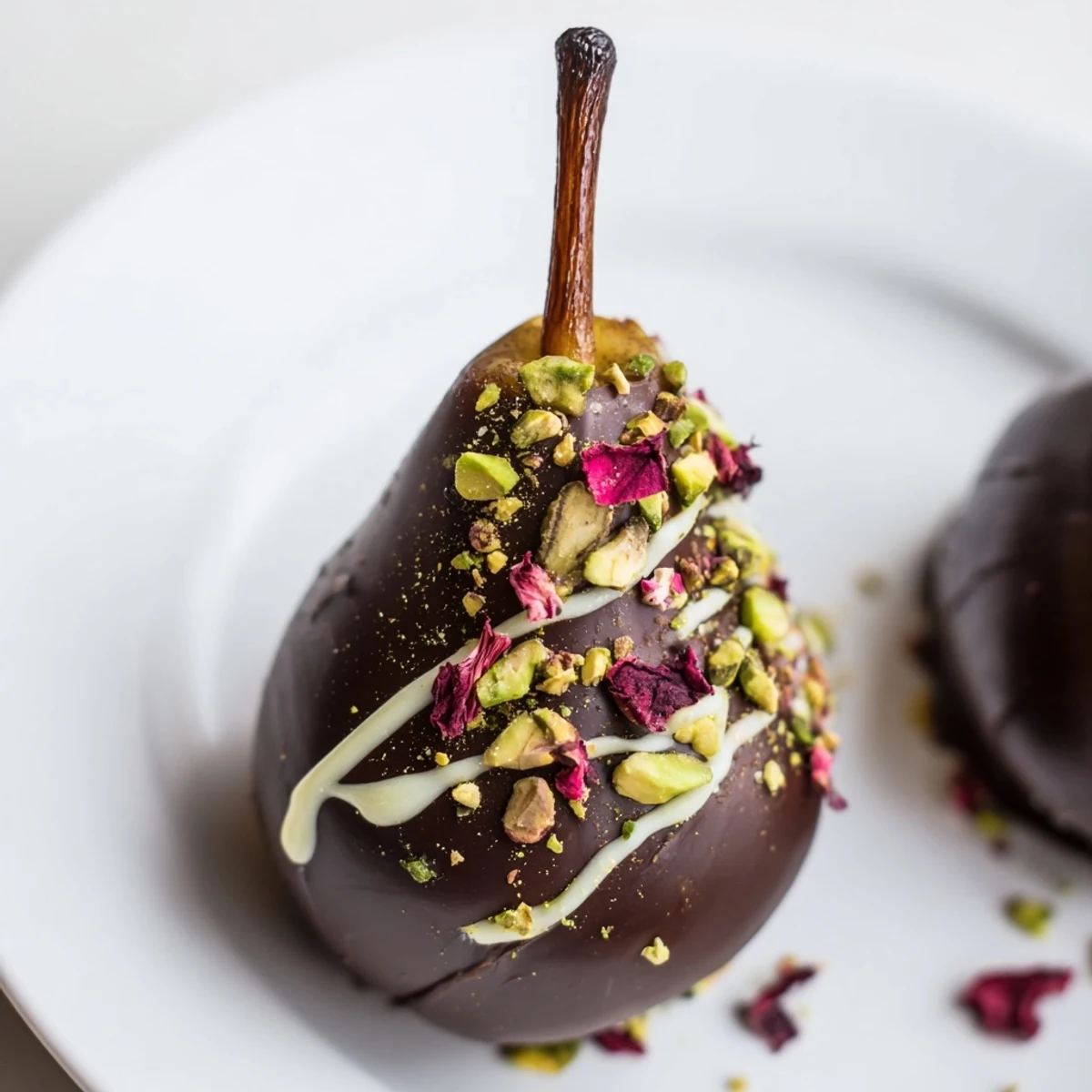 Four ripe Romantic Chocolate Covered Pears stand upright with glossy dark chocolate and chopped pistachios.