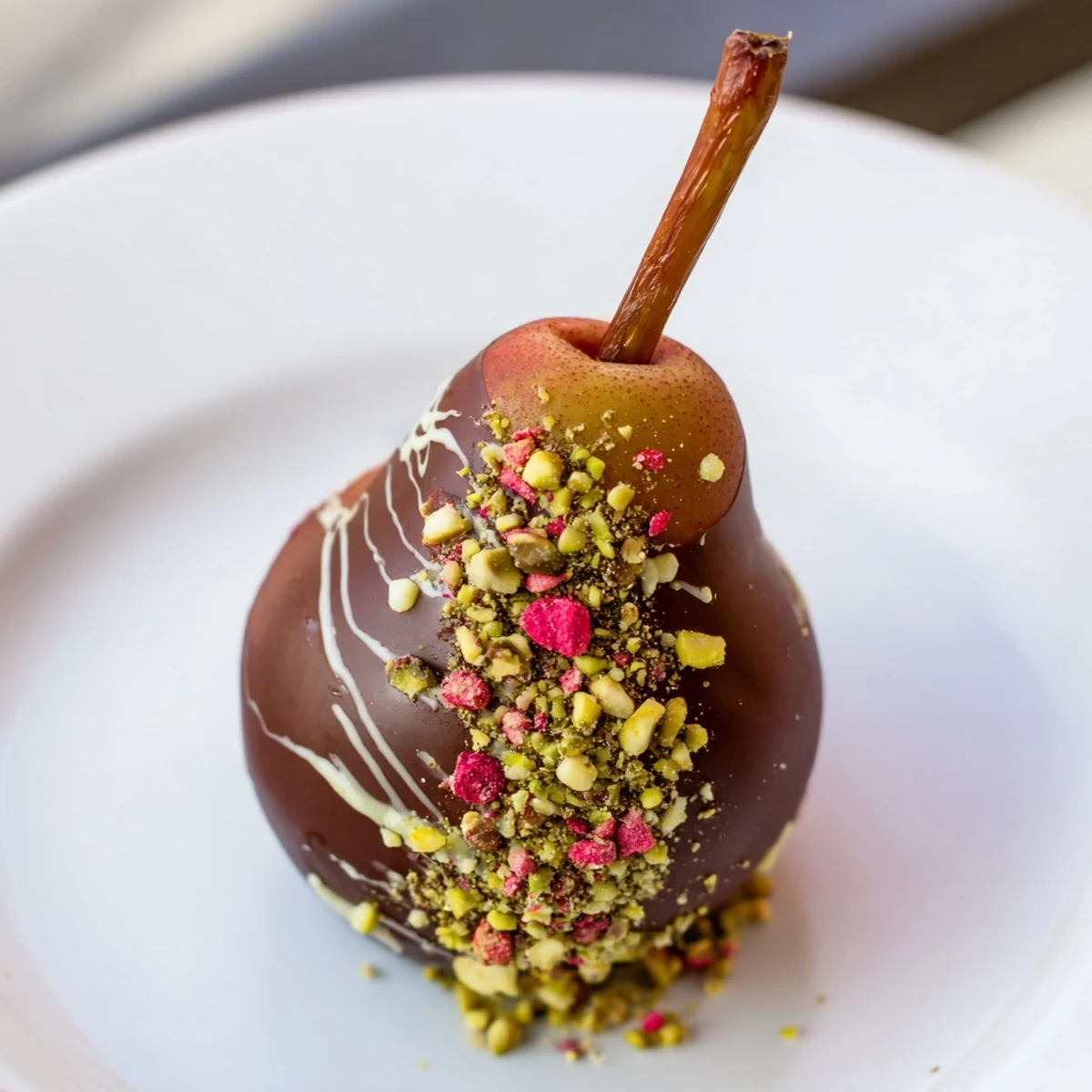 Stem-on Romantic Chocolate Covered Pears drizzled with white chocolate on a parchment-lined baking sheet.