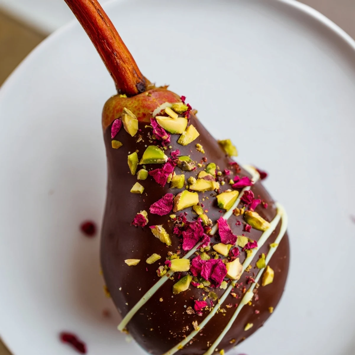 Gourmet Romantic Chocolate Covered Pears garnished with freeze-dried raspberries and edible rose petals for a special occasion.