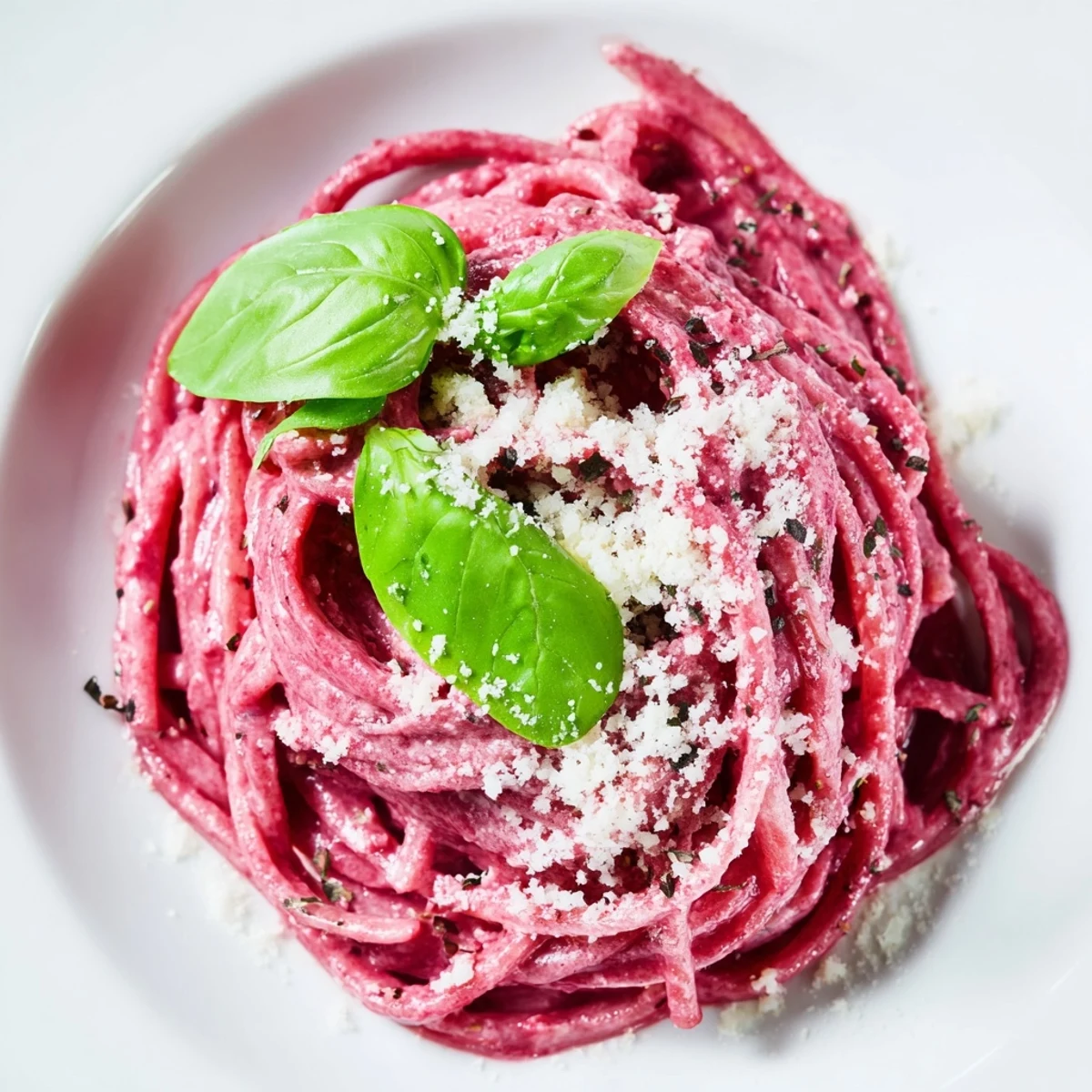 Creamy Valentine Pink Pasta with Beet Cream Sauce twirled on a fork, ready to serve.