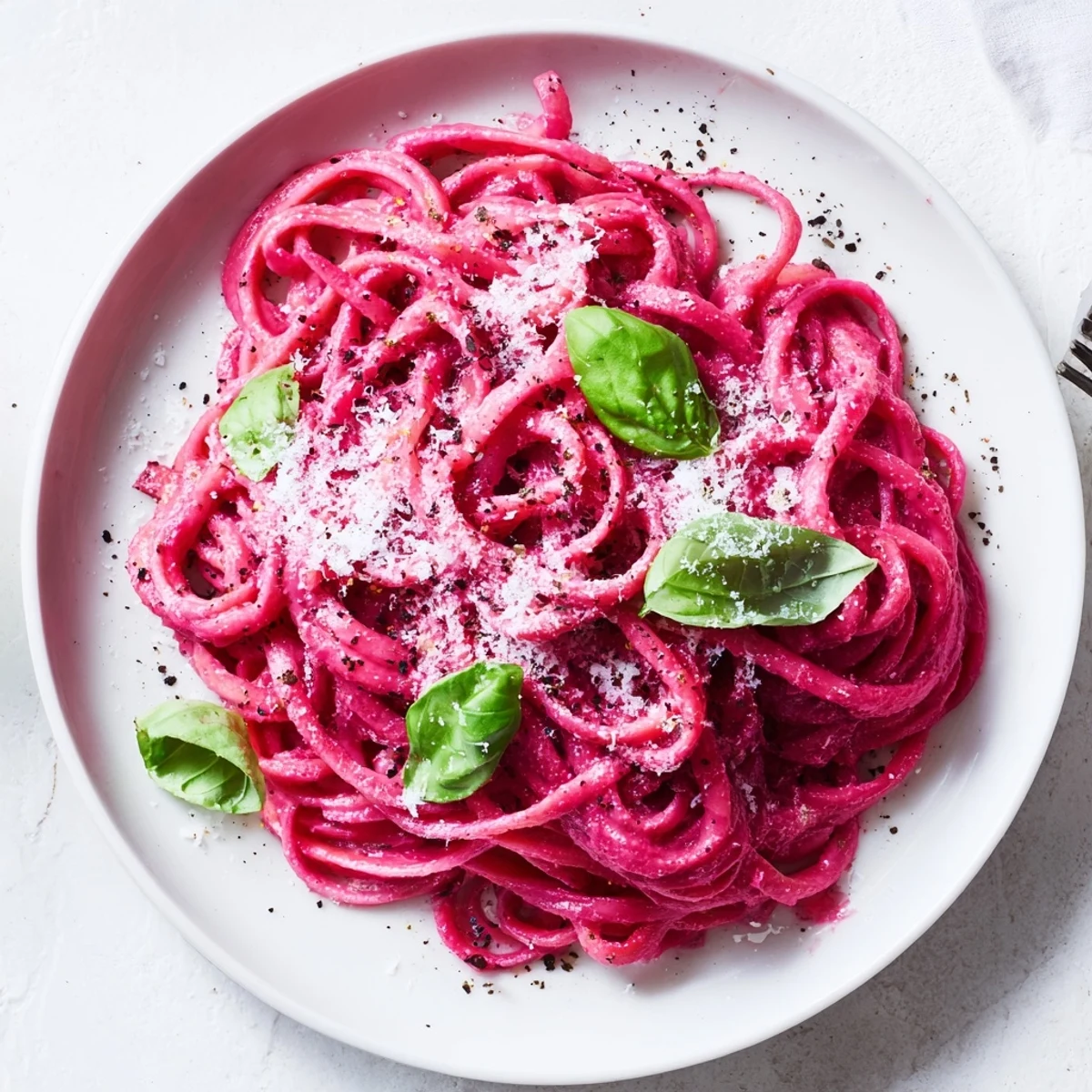 Steaming Valentine Pink Pasta with Beet Cream Sauce plated with fresh basil garnish.
